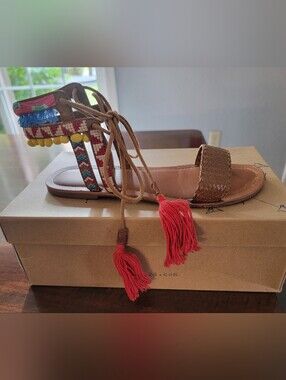 Women's Brown Lace-Up Sandals with Coral Tassels